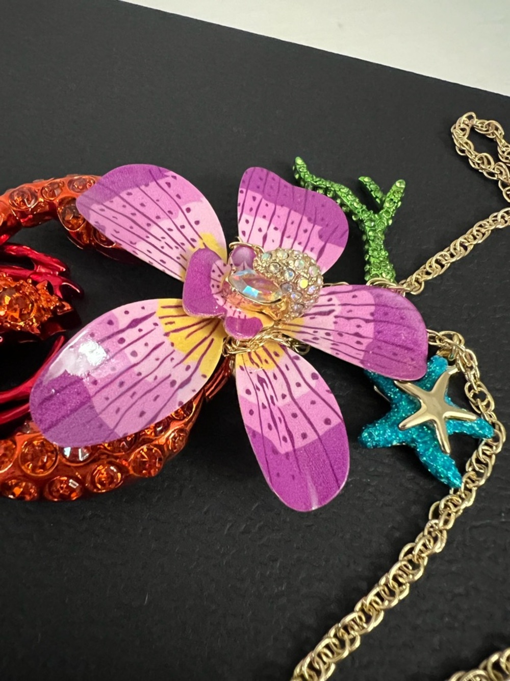 Betsey Johnson Purple, Pink & Orange Lobster Flower Pendant Necklace - Picture 15 of 16